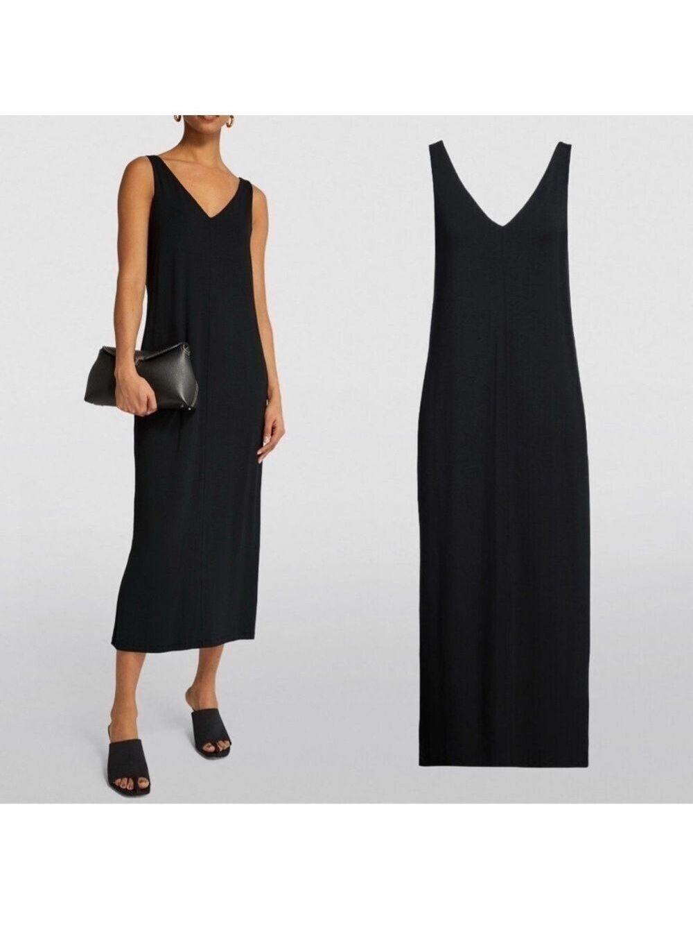 Rag & Bone Luca V Neck Black Shirred Sleeveless Midi Dress Size XXS